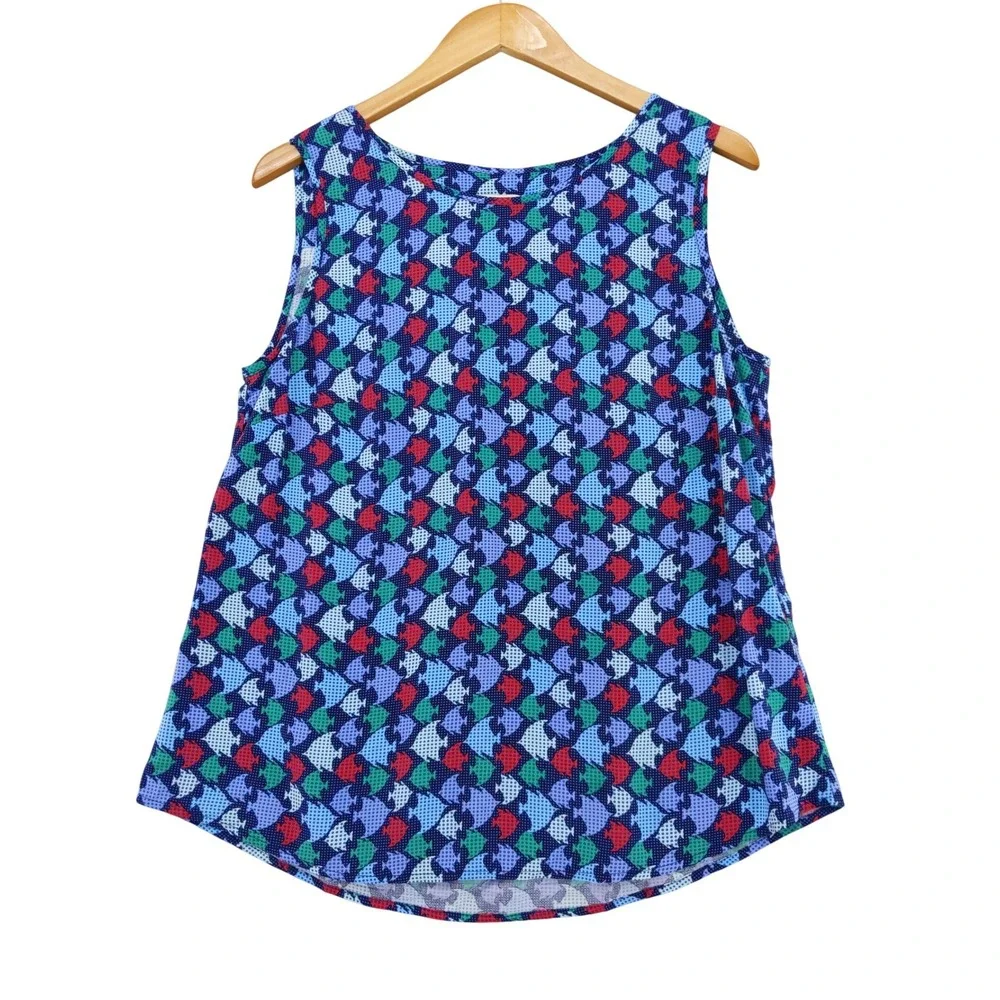 Talbots Tank Top Women Medium Blue Fish Print Sleeveless Rayon Blouse